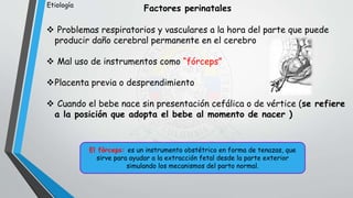 Factores perinatales
 Problemas respiratorios y vasculares a la hora del parte que puede
producir daño cerebral permanente en el cerebro
 Mal uso de instrumentos como “fórceps”
Placenta previa o desprendimiento
 Cuando el bebe nace sin presentación cefálica o de vértice (se refiere
a la posición que adopta el bebe al momento de nacer )
El fórceps: es un instrumento obstétrico en forma de tenazas, que
sirve para ayudar a la extracción fetal desde la parte exterior
simulando los mecanismos del parto normal.
Etiología
 