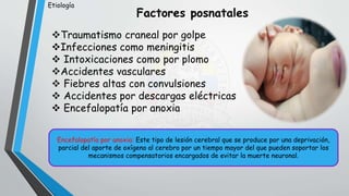 Factores posnatales
Traumatismo craneal por golpe
Infecciones como meningitis
 Intoxicaciones como por plomo
Accidentes vasculares
 Fiebres altas con convulsiones
 Accidentes por descargas eléctricas
 Encefalopatía por anoxia
Encefalopatía por anoxia: Este tipo de lesión cerebral que se produce por una deprivación,
parcial del aporte de oxígeno al cerebro por un tiempo mayor del que pueden soportar los
mecanismos compensatorios encargados de evitar la muerte neuronal.
Etiología
 