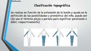 Clasificación topográfica
Se realiza en función de la extensión de la lesión y ayuda en la
definición de las posibilidades y pronóstico del niño, puede ser
(Se usa el término plejia o paresia para significar paralizado o
débil, respectivamente)
Clasificación….
 