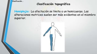 Hemiplejia: La afectación se limita a un hemicuerpo. Las
alteraciones motrices suelen ser más evidentes en el miembro
superior.
Clasificación topográfica
Clasificación….
 