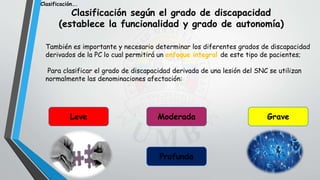 También es importante y necesario determinar los diferentes grados de discapacidad
derivados de la PC lo cual permitirá un enfoque integral de este tipo de pacientes;
Para clasificar el grado de discapacidad derivada de una lesión del SNC se utilizan
normalmente las denominaciones afectación:
Clasificación según el grado de discapacidad
(establece la funcionalidad y grado de autonomía)
Leve
Profunda
Moderada Grave
Clasificación….
 
