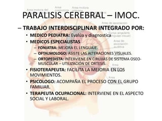 PARALISIS CEREBRAL – IMOC.
– TRABAJO INTERDISCIPLINAR INTEGRADO POR:
  • MEDICO PEDIATRA: Evalúa y diagnostica
  • MEDICOS ESPECIALISTAS
     – FONIATRA: MEJORA EL LENGUAJE.
     – OFTALMOLOGO: ASISTE LAS ALTERACIONES VISUALES.
     – ORTOPEDISTA: INTERVIENE EN CIRUJIAS DE SISTEMA OSEO-
       MUSCULAR – UTILIZACIÓN DE ORTESIS.
  • FISIOTERAPEUTA: FACILITA LA MEJORIA EN LOS
    MOVIMIENTOS.
  • PSICOLOGO: ACOMPAÑA EL PROCESO CON EL GRUPO
    FAMILIAR.
  • TERAPEUTA OCUPACIONAL: INTERVIENE EN EL ASPECTO
    SOCIAL Y LABORAL.
 