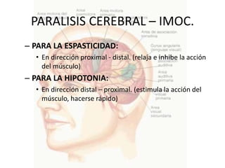 PARALISIS CEREBRAL – IMOC.
– PARA LA ESPASTICIDAD:
  • En dirección proximal - distal. (relaja e inhibe la acción
    del músculo)
– PARA LA HIPOTONIA:
  • En dirección distal – proximal. (estimula la acción del
    músculo, hacerse rápido)
 