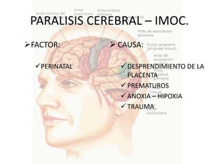 PARALISIS CEREBRAL – IMOC.
FACTOR:        CAUSA:

  PERINATAL      DESPRENDIMIENTO DE LA
                   PLACENTA
                  PREMATUROS
                  ANOXIA – HIPOXIA
                  TRAUMA
 