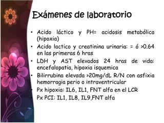 Exámenes de laboratorio
• Acido láctico y PH= acidosis metabólica
  (hipoxia)
• Acido lactico y creatinina urinaria: = ó >0.64
  en las primeras 6 hras
• LDH y AST elevados 24 hras de vida:
  encefalopatia, hipoxia isquemica
• Bilirrubina elevada >20mg/dL R/N con asfixia
  hemorragia perio o intraventricular
• Px hipoxia: IL6, IL1, FNT alfa en el LCR
• Px PCI: IL1, IL8, IL9,FNT alfa
 