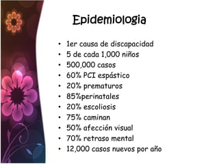 Epidemiologia

•   1er causa de discapacidad
•   5 de cada 1,000 niños
•   500,000 casos
•   60% PCI espástico
•   20% prematuros
•   85%perinatales
•   20% escoliosis
•   75% caminan
•   50% afección visual
•   70% retraso mental
•   12,000 casos nuevos por año
 