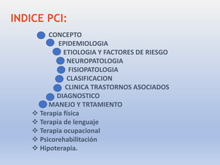 INDICE PCI:
CONCEPTO
EPIDEMIOLOGIA
ETIOLOGIA Y FACTORES DE RIESGO
NEUROPATOLOGIA
FISIOPATOLOGIA
CLASIFICACION
CLINICA TRASTORNOS ASOCIADOS
DIAGNOSTICO
MANEJO Y TRTAMIENTO
 Terapia física
 Terapia de lenguaje
 Terapia ocupacional
 Psicorehabilitación
 Hipoterapia.
 