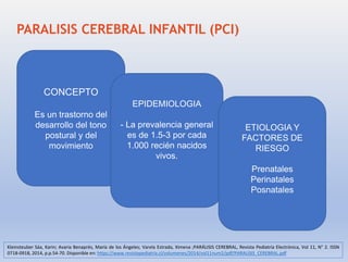 PARALISIS CEREBRAL INFANTIL (PCI)
CONCEPTO
Es un trastorno del
desarrollo del tono
postural y del
movimiento
EPIDEMIOLOGIA
- La prevalencia general
es de 1.5-3 por cada
1.000 recién nacidos
vivos.
ETIOLOGIA Y
FACTORES DE
RIESGO
Prenatales
Perinatales
Posnatales
Kleinsteuber Sáa, Karin; Avaria Benaprés, María de los Ángeles; Varela Estrada, Ximena ;PARÁLISIS CEREBRAL, Revista Pediatría Electrónica, Vol 11, N° 2. ISSN
0718-0918, 2014, p.p.54-70. Disponible en: https://www.revistapediatria.cl/volumenes/2014/vol11num2/pdf/PARALISIS_CEREBRAL.pdf
 