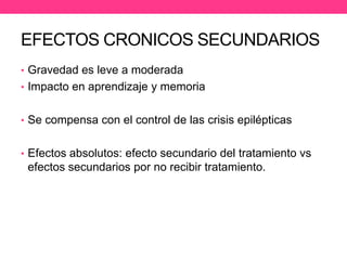 EFECTOS CRONICOS SECUNDARIOS
• Gravedad es leve a moderada
• Impacto en aprendizaje y memoria
• Se compensa con el control de las crisis epilépticas

• Efectos absolutos: efecto secundario del tratamiento vs

efectos secundarios por no recibir tratamiento.

 