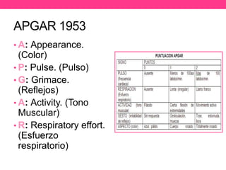 APGAR 1953
• A: Appearance.

(Color)
• P: Pulse. (Pulso)
• G: Grimace.
(Reflejos)
• A: Activity. (Tono
Muscular)
• R: Respiratory effort.
(Esfuerzo
respiratorio)

 