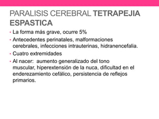 PARALISIS CEREBRAL TETRAPEJIA
ESPASTICA
• La forma más grave, ocurre 5%
• Antecedentes perinatales, malformaciones

cerebrales, infecciones intrauterinas, hidranencefalia.
• Cuatro extremidades
• Al nacer: aumento generalizado del tono
muscular, hiperextensión de la nuca, dificultad en el
enderezamiento cefálico, persistencia de reflejos
primarios.

 