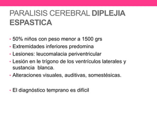 PARALISIS CEREBRAL DIPLEJIA
ESPASTICA
• 50% niños con peso menor a 1500 grs
• Extremidades inferiores predomina
• Lesiones: leucomalacia periventricular
• Lesión en le trígono de los ventrículos laterales y

sustancia blanca.
• Alteraciones visuales, auditivas, somestésicas.
• El diagnóstico temprano es difícil

 