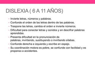 DISLEXIA ( 6 A 11 AÑOS)
• Invierte letras, números y palabras.
• Confunde el orden de las letras dentro de las palabras.
• Traspone las letras, cambia el orden e invierte números.
• Dificultad para conectar letras y sonidos y en descifrar palabras

aprendidas.
• Presenta dificultad en la pronunciación de
palabras, invirtiendo, sustituyendo o invirtiendo sílabas.
• Confunde derecha e izquierda y escribe en espejo.
• Su coordinación motora es pobre, se confunde con facilidad y es
propenso a accidentes.

 