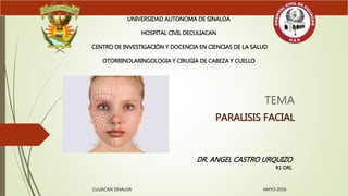 TEMA
PARALISIS FACIAL
UNIVERSIDAD AUTONOMA DE SINALOA
HOSPITAL CIVIL DECULIACAN
CENTRO DE INVESTIGACIÓN Y DOCENCIA EN CIENCIAS DE LA SALUD
OTORRINOLARINGOLOGIA Y CIRUGIA DE CABEZA Y CUELLO
DR. ANGEL CASTRO URQUIZO
R1 ORL
CULIACAN SINALOA MAYO 2016
 