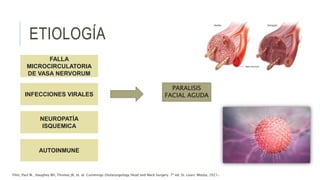 ETIOLOGÍA
FALLA
MICROCIRCULATORIA
DE VASA NERVORUM
INFECCIONES VIRALES
NEUROPATÍA
ISQUEMICA
AUTOINMUNE
PARALISIS
FACIAL AGUDA
Flint, Paul W., Haughey BH, Thomas JR, et. al. Cummings Otolaryngology Head and Neck Surgery. 7ª ed. St. Louis: Mosby, 2021.
 