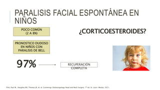 PARALISIS FACIAL ESPONTÁNEA EN
NIÑOS
POCO COMÚN
(2 A 8%)
PRONOSTICO DUDOSO
EN NIÑOS CON
PARALISIS DE BELL
97% RECUPERACIÓN
COMPLETA
¿CORTICOESTEROIDES?
Flint, Paul W., Haughey BH, Thomas JR, et. al. Cummings Otolaryngology Head and Neck Surgery. 7ª ed. St. Louis: Mosby, 2021.
 