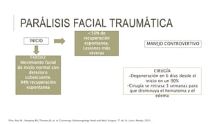 PARÁLISIS FACIAL TRAUMÁTICA
INICIO
INMEDIATO:
<50% de
recuperación
espontanea.
Lesiones más
severas
TARDIO:
Movimiento facial
de inicio normal con
deterioro
subsecuente.
94% recuperación
espontanea
MANEJO CONTROVERTIVO
CIRUGÍA
-Degeneración en 6 días desde el
inicio en un 90%
-Cirugía se retrasa 3 semanas para
que disminuya el hematoma y el
edema
Flint, Paul W., Haughey BH, Thomas JR, et. al. Cummings Otolaryngology Head and Neck Surgery. 7ª ed. St. Louis: Mosby, 2021.
 