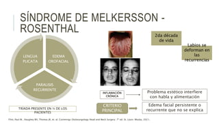 SÍNDROME DE MELKERSSON -
ROSENTHAL
EDEMA
OROFACIAL
PARALISIS
RECURRENTE
LENGUA
PLICATA
TRÍADA PRESENTE EN ¼ DE LOS
PACIENTES
2da década
de vida
Labios se
deforman en
las
recurrencias
INFLAMACIÓN
CRÓNICA
Problema estético interfiere
con habla y alimentación
CRITERIO
PRINCIPAL
Edema facial persistente o
recurrente que no se explica
Flint, Paul W., Haughey BH, Thomas JR, et. al. Cummings Otolaryngology Head and Neck Surgery. 7ª ed. St. Louis: Mosby, 2021.
 
