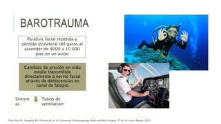 BAROTRAUMA
Parálisis facial repetida y
pérdida ipsilateral del gusto al
ascender de 8000 a 10 000
pies en un avión
Cambios de presión en oído
medio transmitido
directamente a nervio facial
através de dehiscencias en
canal de falopio
Síntom
as
Tubos de
ventilación
Flint, Paul W., Haughey BH, Thomas JR, et. al. Cummings Otolaryngology Head and Neck Surgery. 7ª ed. St. Louis: Mosby, 2021.
 