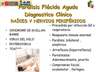 Parálisis Flácida Aguda Diagnostico Clinico RAÍCES Y NERVIOS PERIFÉRICOS SINDROME DE GUILLAN BARRE VIRUS DEL NILO ENTEROVIRUS TOXICO Precedida por infeccion GI o respiratoria Respuesta inmune anormal Parálisis ,bilateral , simétrico Arreflexia (hiporreflexia) Parestesias: Adormecimiento, prurito Compromiso facial, oculomotor , faríngeo. Deglucion. 