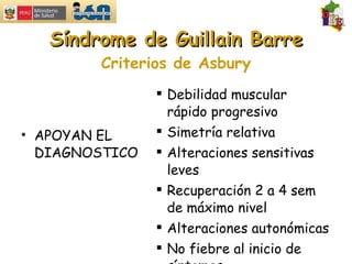 Síndrome de Guillain Barre Criterios de Asbury APOYAN EL DIAGNOSTICO Debilidad muscular rápido progresivo Simetría relativa Alteraciones sensitivas leves Recuperación 2 a 4 sem de máximo nivel Alteraciones autonómicas No fiebre al inicio de síntomas 