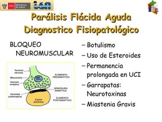 Parálisis Flácida Aguda Diagnostico Fisiopatológico BLOQUEO NEUROMUSCULAR Botulismo Uso de Esteroides  Permanencia prolongada en UCI Garrapatas: Neurotoxinas Miastenia Gravis 