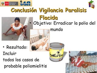 Conclusión Vigilancia Paralisis Flacida Objetivo: Erradicar la polio del   mundo Resultado: Incluir  todos los casos de probable poliomielitis 