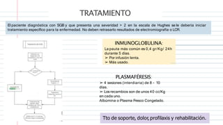 TRATAMIENTO
El paciente diagnóstica con SGB y que presenta una severidad > 2 en la escala de Hughes se le deberia iniciar
tratamiento específico para la enfermedad. No deben retrasarlo resultados de electromiografía o LCR.
INMUNOGLOBULINA:
La pauta más común es 0,4 gr/Kg/ 24h
durante 5 días.
➢ Por infusión lenta.
➢ Más usado.
PLASMAFÉRESIS:
➢ 4 sesiones (interdiaria) de 8 - 10
días.
➢ Los recambios son de unos 40 cc/Kg
en cada uno.
Albúmina o Plasma Fresco Congelado.
Tto de soporte, dolor, profilaxis y rehabilitación.
 
