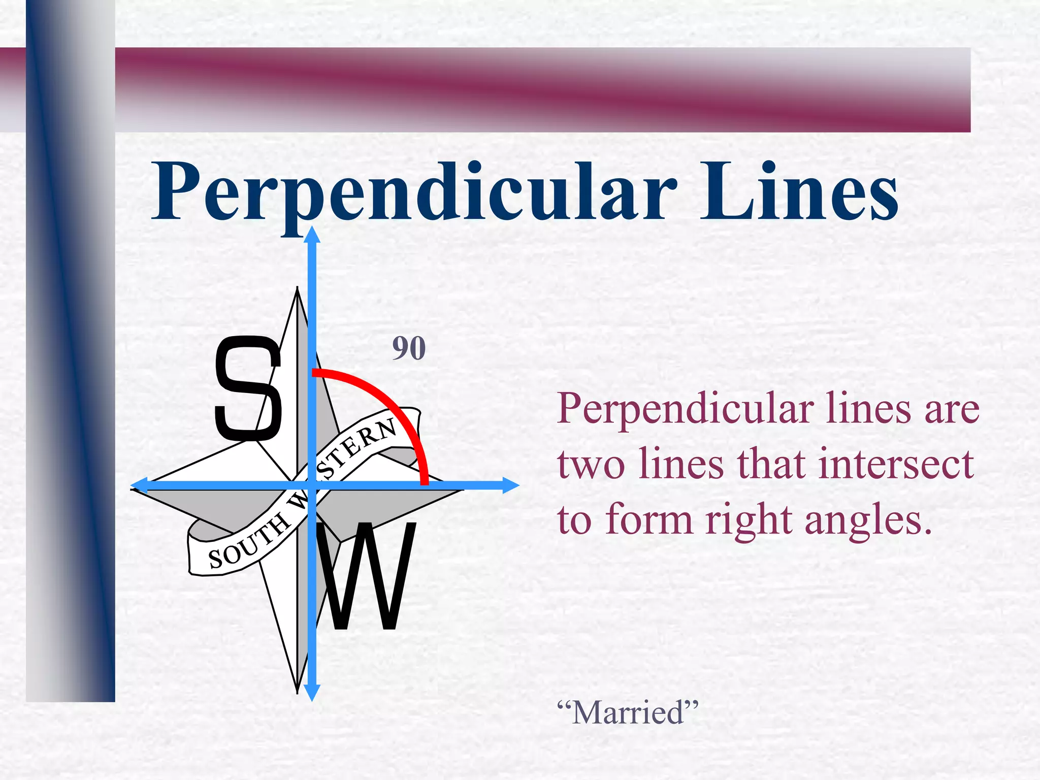Perpendicular Lines
Perpendicular lines are
two lines that intersect
to form right angles.
90
“Married”
 