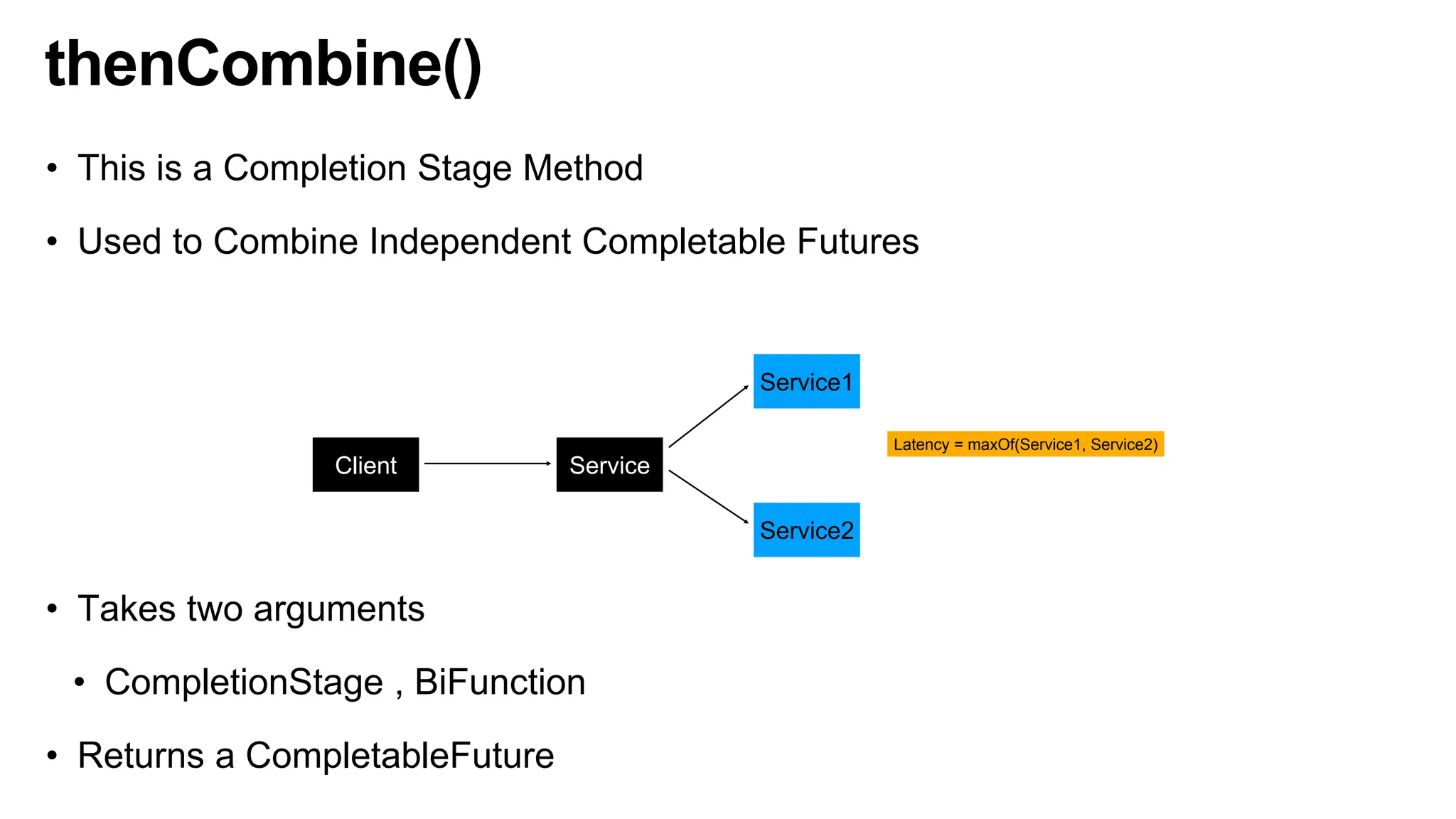 thenCombine()
• This is a Completion Stage Method
• Used to Combine Independent Completable Futures
• Takes two arguments
• CompletionStage , BiFunction
• Returns a CompletableFuture
Client Service
Service1
Service2
Latency = maxOf(Service1, Service2)
 