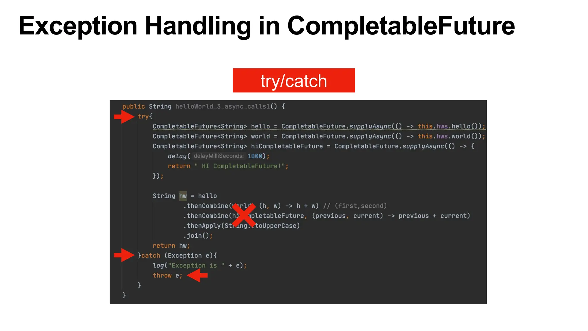 Exception Handling in CompletableFuture
try/catch
 