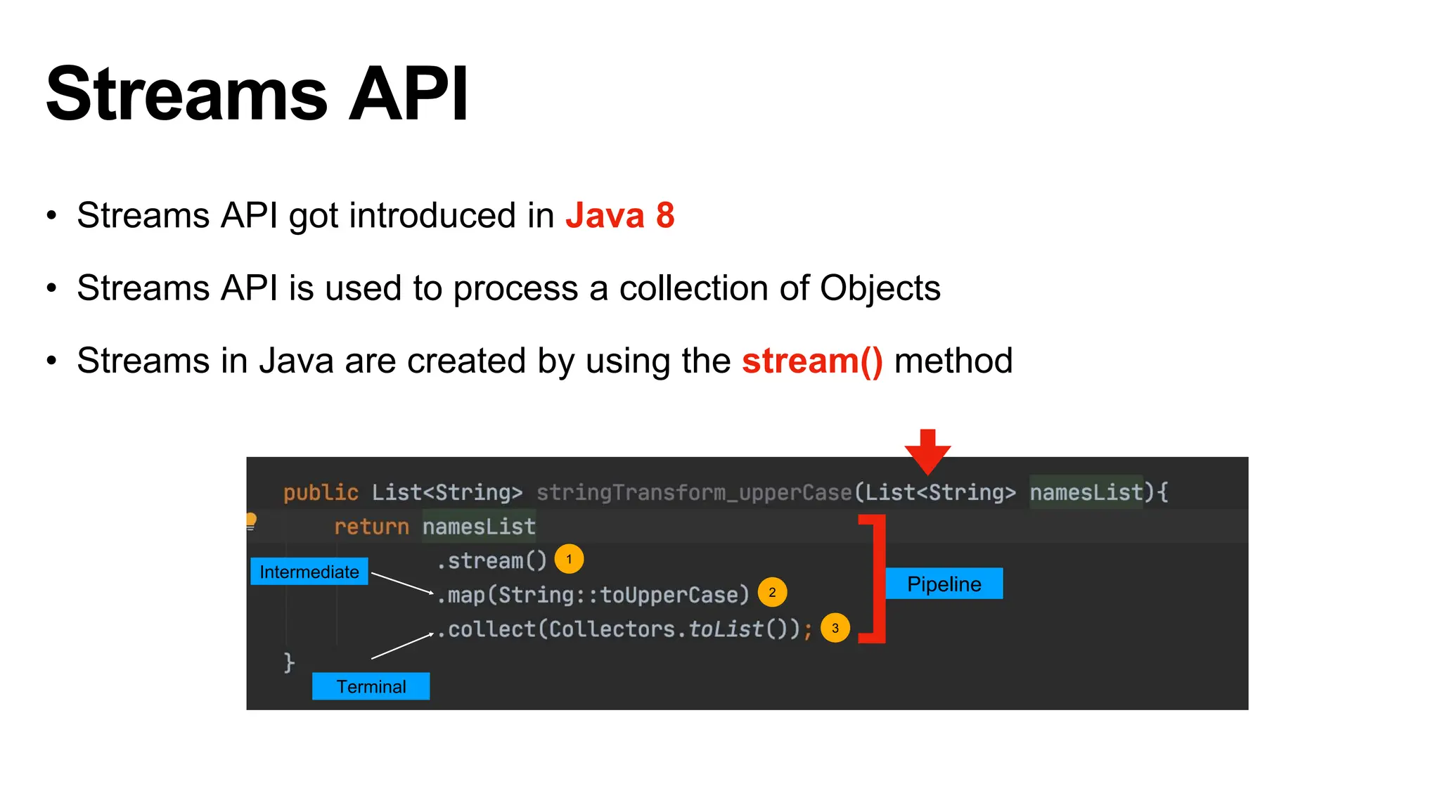 Streams API
• Streams API got introduced in Java 8
• Streams API is used to process a collection of Objects
• Streams in Java are created by using the stream() method
1
2
3
]Pipeline
Pipeline
Intermediate
Terminal
 