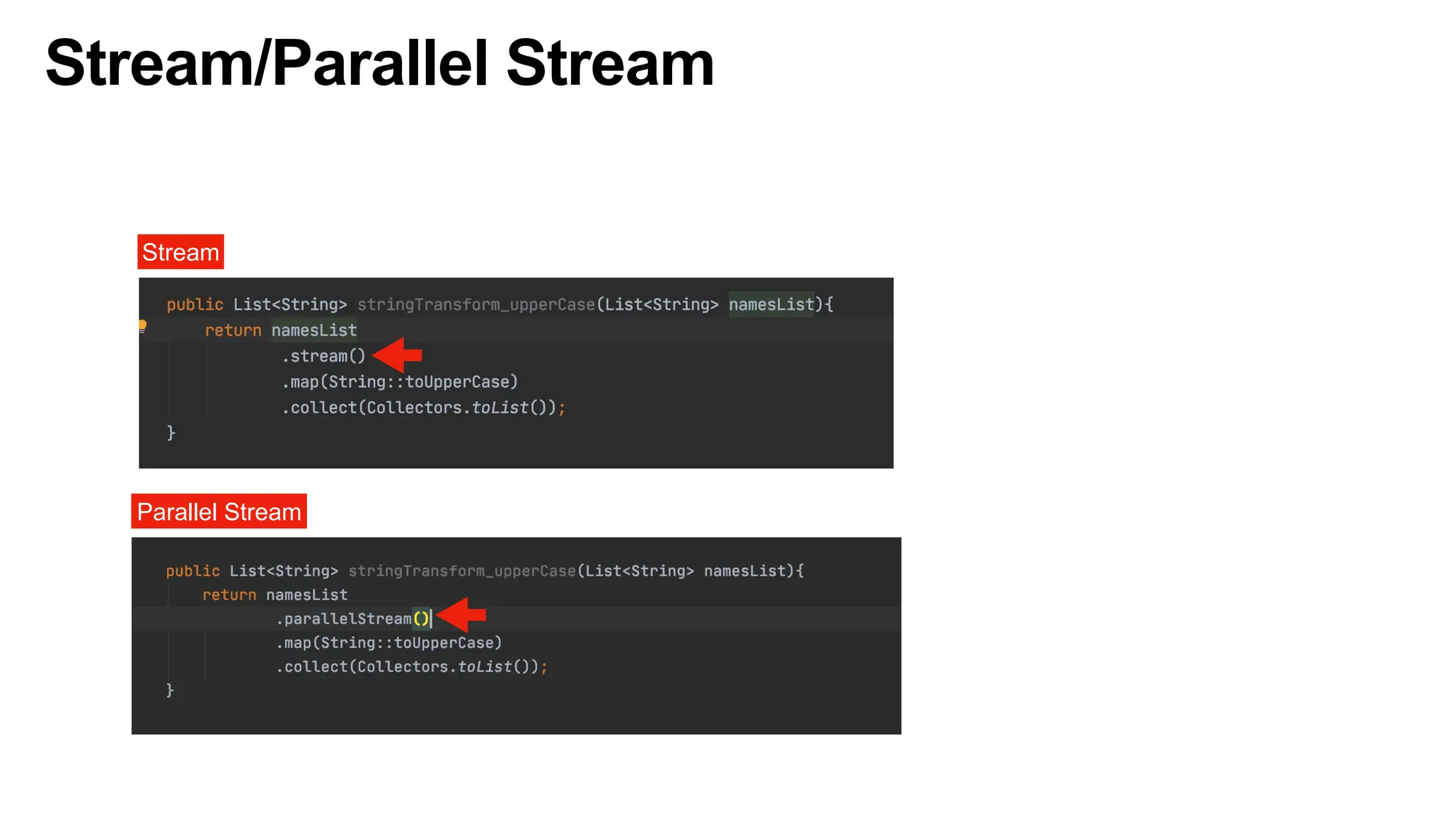 Stream/Parallel Stream
Stream
Parallel Stream
 
