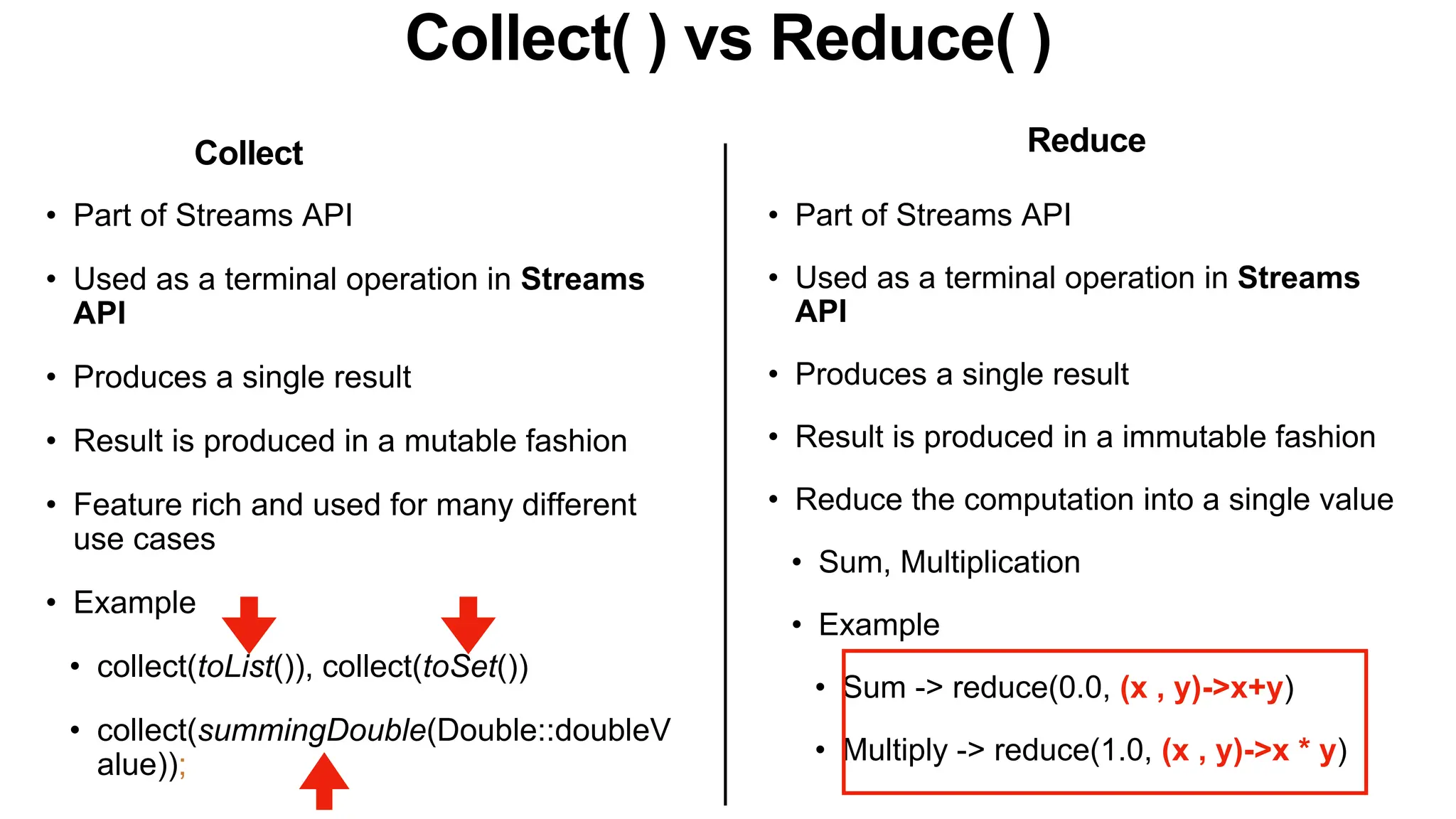 Collect( ) vs Reduce( )
• Part of Streams API
• Used as a terminal operation in Streams
API
• Produces a single result
• Result is produced in a mutable fashion
• Feature rich and used for many different
use cases
• Example
• collect(toList()), collect(toSet())
• collect(summingDouble(Double::doubleV
alue));
• Part of Streams API
• Used as a terminal operation in Streams
API
• Produces a single result
• Result is produced in a immutable fashion
• Reduce the computation into a single value
• Sum, Multiplication
• Example
• Sum -> reduce(0.0, (x , y)->x+y)
• Multiply -> reduce(1.0, (x , y)->x * y)
Collect Reduce
 