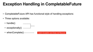 Exception Handling in CompletableFuture
• CompletableFuture API has functional style of handling exceptions
• Three options available:
• handle()
• exceptionally()
• whenComplete()
Catch Exception and Recover
Catch Exception and Does not Recover
 