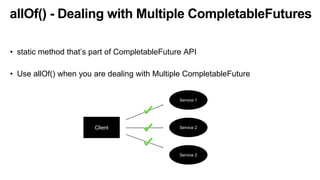 allOf() - Dealing with Multiple CompletableFutures
• static method that’s part of CompletableFuture API
• Use allOf() when you are dealing with Multiple CompletableFuture
Client
Service 1
Service 2
Service 2
 