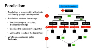Parallelism
• Parallelism is a concept in which tasks
are literally going to run in parallel
• Parallelism involves these steps:
• Decomposing the tasks in to
SubTasks(Forking)
• Execute the subtasks in sequential
• Joining the results of the tasks(Join)
• Whole process is also called
Fork/Join
1
join
Task
SubTask1 SubTask2
SubTask1a SubTask1b SubTask2a SubTask2b
join
join
Process Sequentially Process Sequentially Process Sequentially Process Sequentially
Fork/Join (Parallelism)
fork
fork fork
3
2
 
