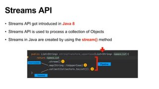Streams API
• Streams API got introduced in Java 8
• Streams API is used to process a collection of Objects
• Streams in Java are created by using the stream() method
1
2
3
]Pipeline
Pipeline
Intermediate
Terminal
 