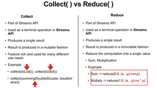 Collect( ) vs Reduce( )
• Part of Streams API
• Used as a terminal operation in Streams
API
• Produces a single result
• Result is produced in a mutable fashion
• Feature rich and used for many different
use cases
• Example
• collect(toList()), collect(toSet())
• collect(summingDouble(Double::doubleV
alue));
• Part of Streams API
• Used as a terminal operation in Streams
API
• Produces a single result
• Result is produced in a immutable fashion
• Reduce the computation into a single value
• Sum, Multiplication
• Example
• Sum -> reduce(0.0, (x , y)->x+y)
• Multiply -> reduce(1.0, (x , y)->x * y)
Collect Reduce
 