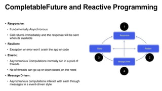 CompletableFuture and Reactive Programming
• Responsive:
• Fundamentally Asynchronous
• Call returns immediately and the response will be sent
when its available
• Resilient:
• Exception or error won’t crash the app or code
• Elastic:
• Asynchronous Computations normally run in a pool of
threads
• No of threads can go up or down based on the need
• Message Driven:
• Asynchronous computations interact with each through
messages in a event-driven style
1
2
3
4
 