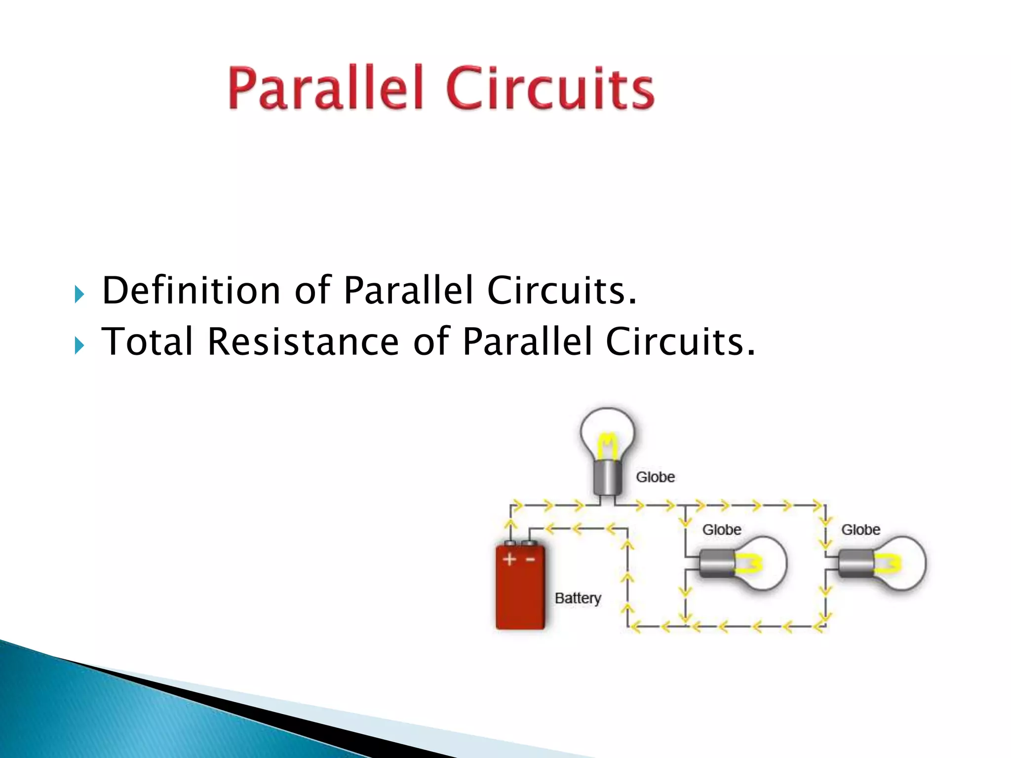  Definition of Parallel Circuits.
 Total Resistance of Parallel Circuits.
 