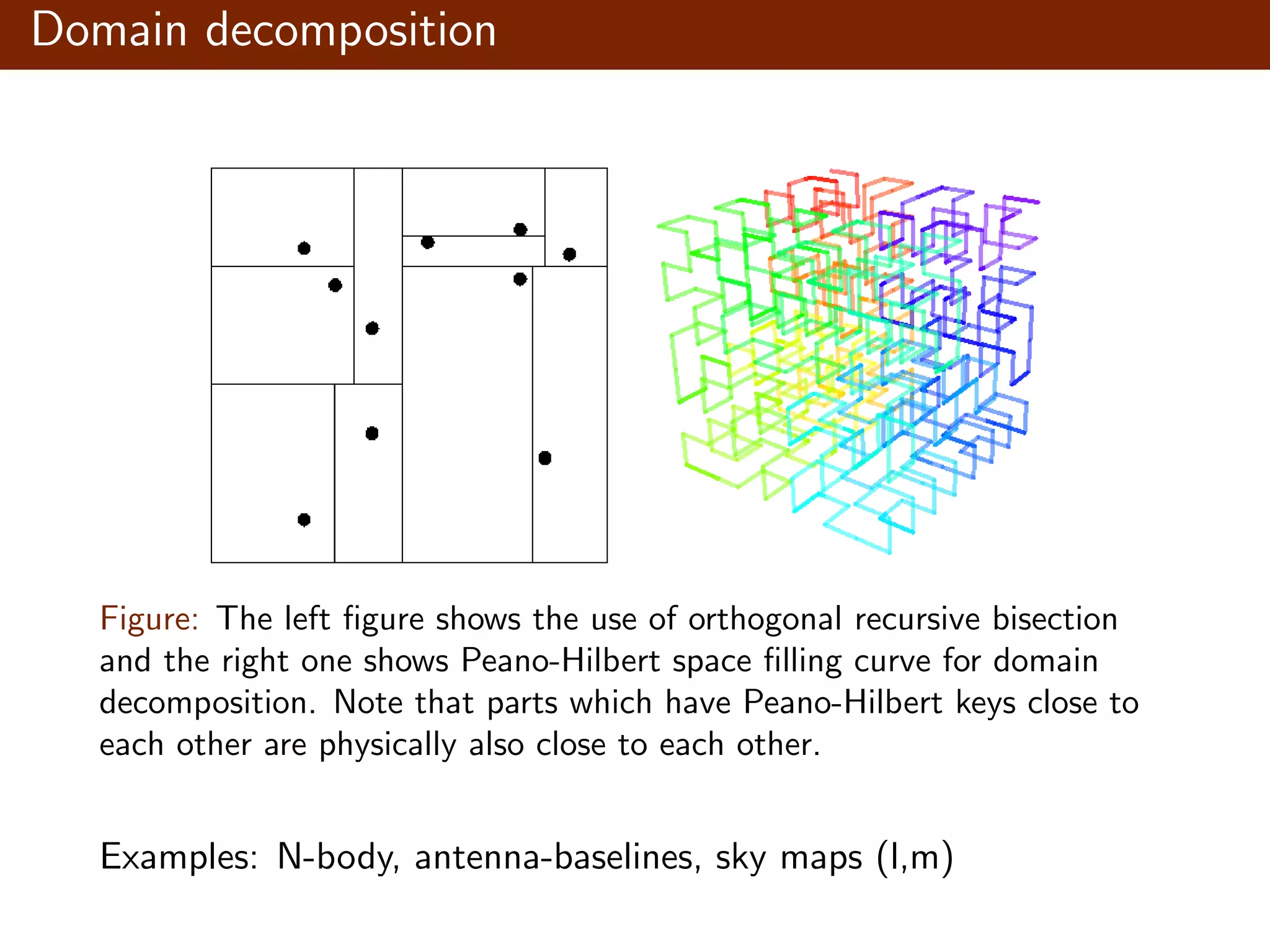 Domain decomposition Figure: The left ﬁgure shows the use of orthogonal recursive bisection and the right one shows Peano-Hilbert space ﬁlling curve for domain decomposition. Note that parts which have Peano-Hilbert keys close to each other are physically also close to each other. Examples: N-body, antenna-baselines, sky maps (l,m) 