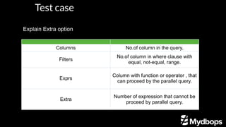Test case
Explain Extra option

 

Columns No.of column in the query.
Filters
No.of column in where clause with
equal, not-equal, range.
Exprs
Column with function or operator , that
can proceed by the parallel query.
Extra
Number of expression that cannot be
proceed by parallel query.
 