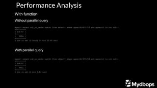 Performance Analysis
Without parallel query
mysql> select sql_no_cache sum(k) from sbtest1 where upper(k)=231212 and upper(c) is not null;
+--------+
| sum(k) |
+--------+
| NULL |
+--------+
1 row in set (2 hours 33 min 22.40 sec)
With parallel query
mysql> select sql_no_cache sum(k) from sbtest1 where upper(k)=231212 and upper(c) is not null;
+--------+
| sum(k) |
+--------+
| NULL |
+--------+
1 row in set (1 min 6.61 sec)
With function
 