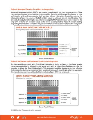www.parallelwireless.com
© 2020 Parallel Wireless. All rights reserved.
47
Role of Managed Service Providers in Integration
Managed Services providers (MSPs) are experts in dealing with kits from various vendors. They
have access to experienced people, which enables them to quickly grasp the basics of new
technologies and continue providing their services without interruption. In addition, during the
introduction phase, it is assumed that all vendors would be willing to provide insights about their
products, thereby transferring the essential knowledge to MSP staff. Here as well, we believe the
long-term costs for an operator would be far lower as compared to those of vendors selling
proprietary kits and at the same time they will benefit from continuous innovation in the ecosystem.
Source: Parallel Wireless
Role of Hardware and Software Vendors in Integration
Another possible approach with Open RAN Integration is that a software or hardware vendor
becomes responsible for integration and would work with all other Open RAN partners for the
operator to deliver the Open RAN network. This approach would be cheaper and more effective
for the operator, but many smaller vendors would not necessarily be willing to take this approach.
It is nevertheless common, at least while introducing Open RAN into a network.
Source: Parallel Wireless
 