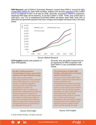 www.parallelwireless.com
© 2020 Parallel Wireless. All rights reserved.
61
RAN Research, part of Rethink Technology Research, expects Open RAN to “account for 58%
of total RAN CAPEX (for Open RAN hardware, software and services) spending at $32.3 billion
and to be deployed at 65% of all sites by 2026.” Secondly, according to Rethink's projections,
traditional RAN sales will be declining, to just $23.4 billion in 2026. Thirdly, they predict that in
2020-2023, only 17% of established (brownfield) MNOs will deploy Open RAN, while 39% of
alternative and greenfield operators that have no legacy technologies will adopt it fully in this early
phase.
Source: Rethink Research
CCS Insights predicts wide adoption of
Open RAN globally.
Source: CCS Insight
Secondly, they see global Huawei bans as
an opportunity for RAN competition with
Open RAN in a very consolidated vendor
market.
Source: CCS Insights
 