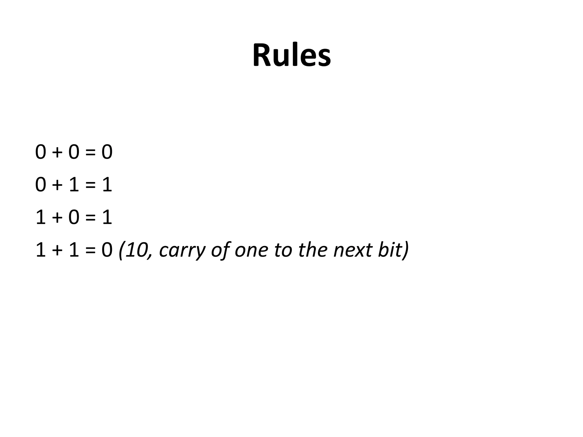 Rules
0 + 0 = 0
0 + 1 = 1
1 + 0 = 1
1 + 1 = 0 (10, carry of one to the next bit)
 