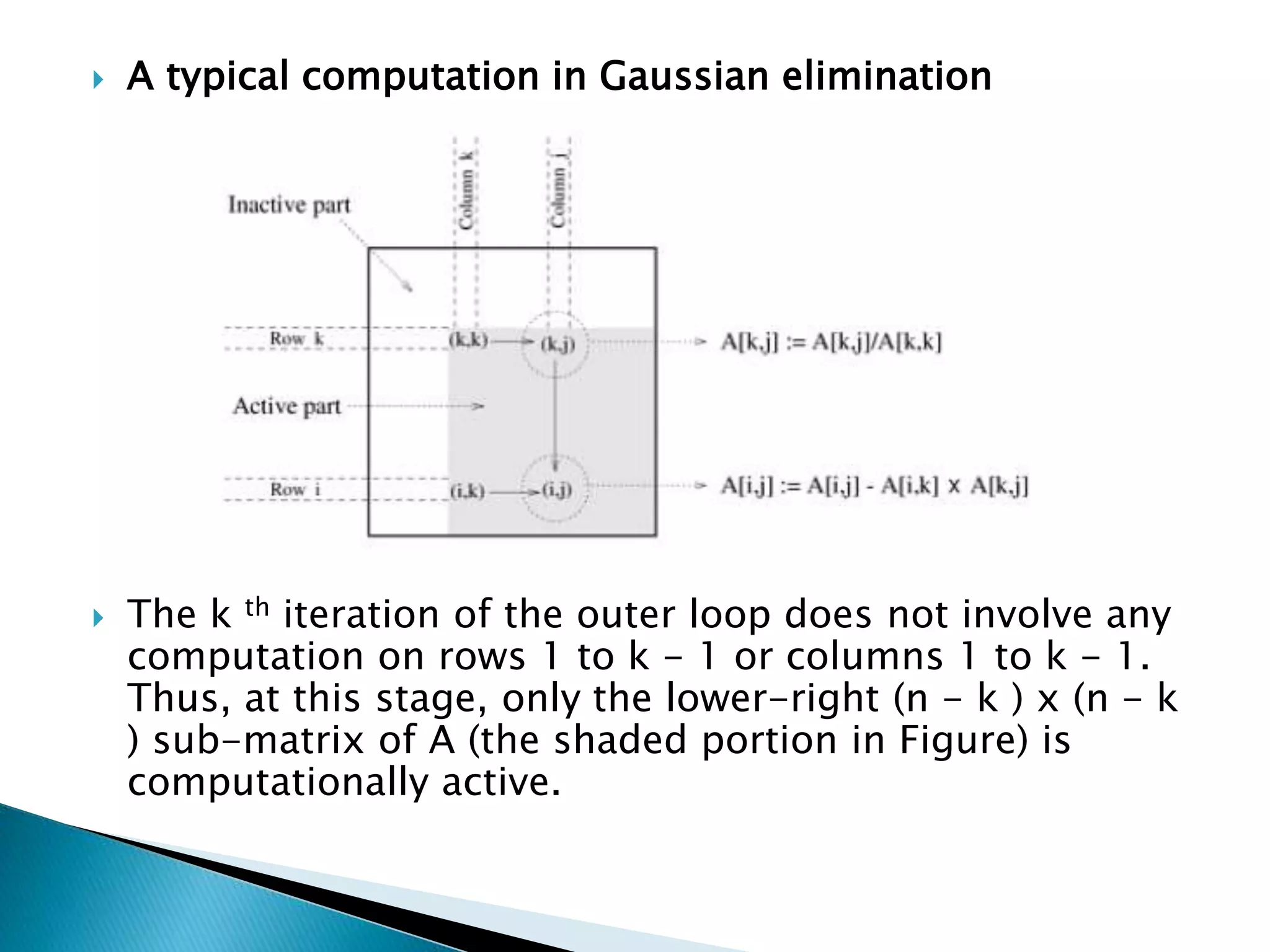  A typical computation in Gaussian elimination  The k th iteration of the outer loop does not involve any computation on rows 1 to k - 1 or columns 1 to k - 1. Thus, at this stage, only the lower-right (n - k ) x (n - k ) sub-matrix of A (the shaded portion in Figure) is computationally active. 