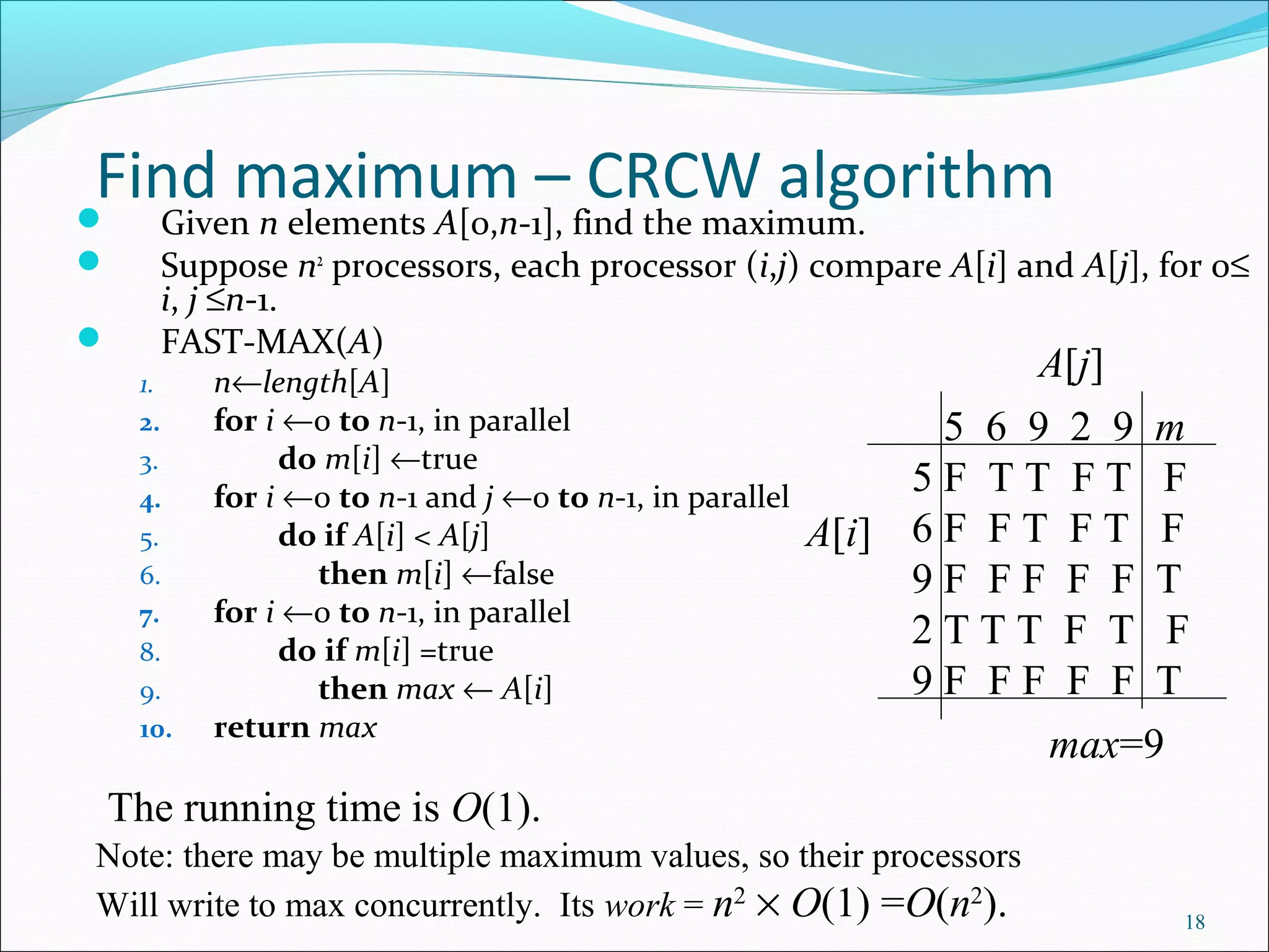 Find maximum – CRCW algorithm Given n elements A[0,n-1], find the maximum.
 Suppose n2
processors, each processor (i,j) compare A[i] and A[j], for 0≤
i, j ≤n-1.
 FAST-MAX(A)
1. n←length[A]
2. for i ←0 to n-1, in parallel
3. do m[i] ←true
4. for i ←0 to n-1 and j ←0 to n-1, in parallel
5. do if A[i] < A[j]
6. then m[i] ←false
7. for i ←0 to n-1, in parallel
8. do if m[i] =true
9. then max ← A[i]
10. return max
18
The running time is O(1).
Note: there may be multiple maximum values, so their processors
Will write to max concurrently. Its work = n2
× O(1) =O(n2
).
5 6 9 2 9 m
5 F T T F T F
6 F F T F T F
9 F F F F F T
2 T T T F T F
9 F F F F F T
A[j]
A[i]
max=9
 