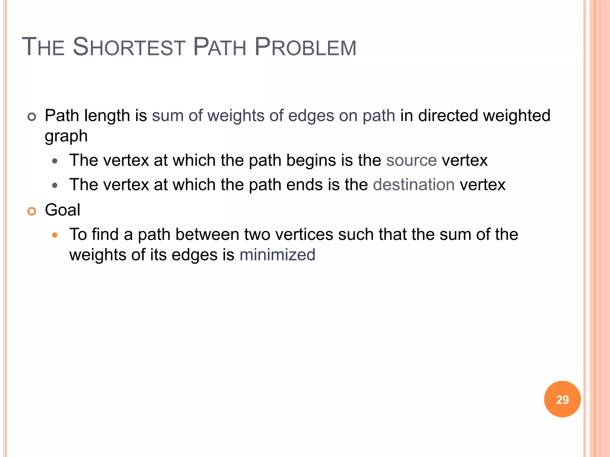 THE SHORTEST PATH PROBLEM
 Path length is sum of weights of edges on path in directed weighted
graph
 The vertex at which the path begins is the source vertex
 The vertex at which the path ends is the destination vertex
 Goal
 To find a path between two vertices such that the sum of the
weights of its edges is minimized
29
 